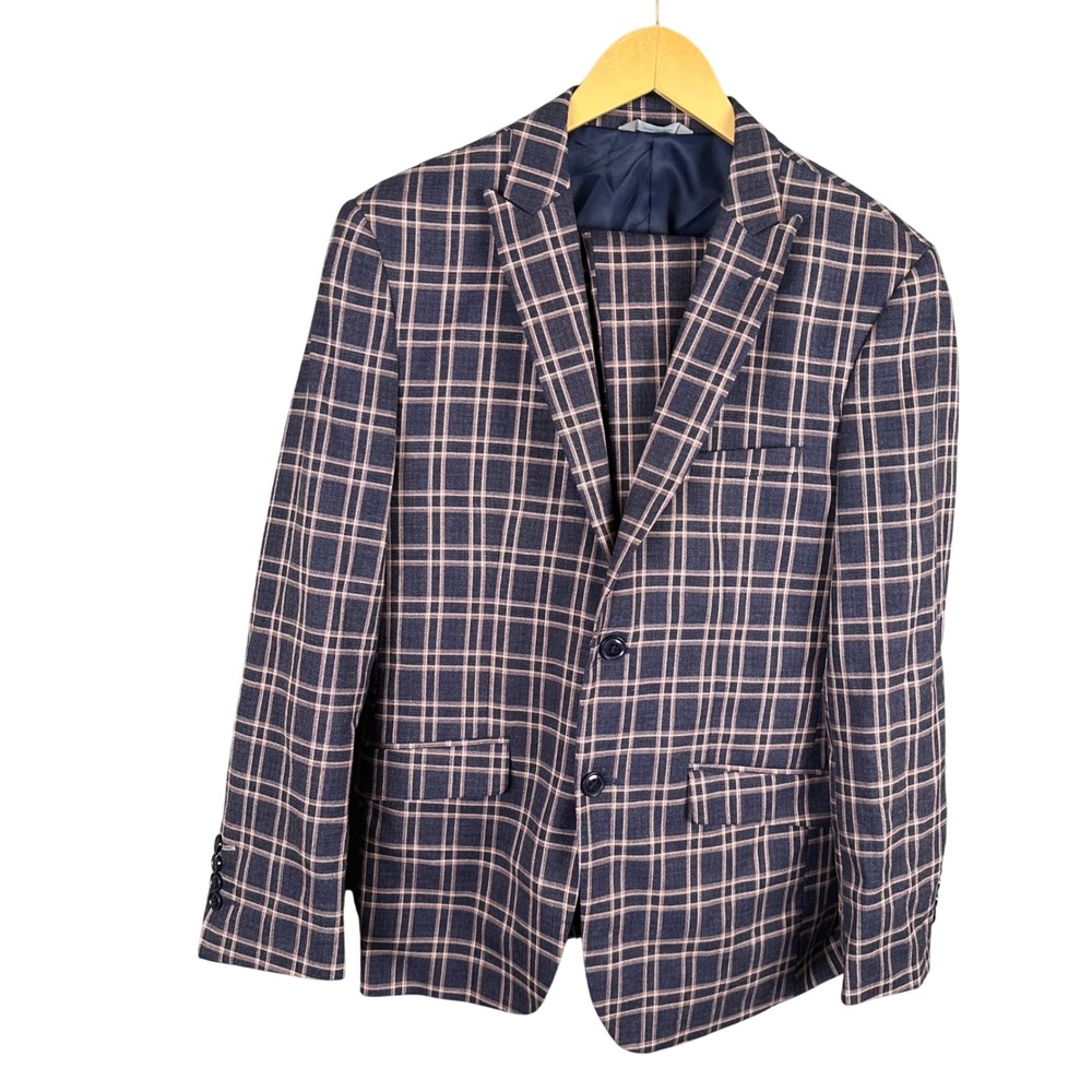 Capucci Italy Mens 38S 32W Slim Fit 2 Piece Suit Beige Navy Blue Plaid 500S-30
